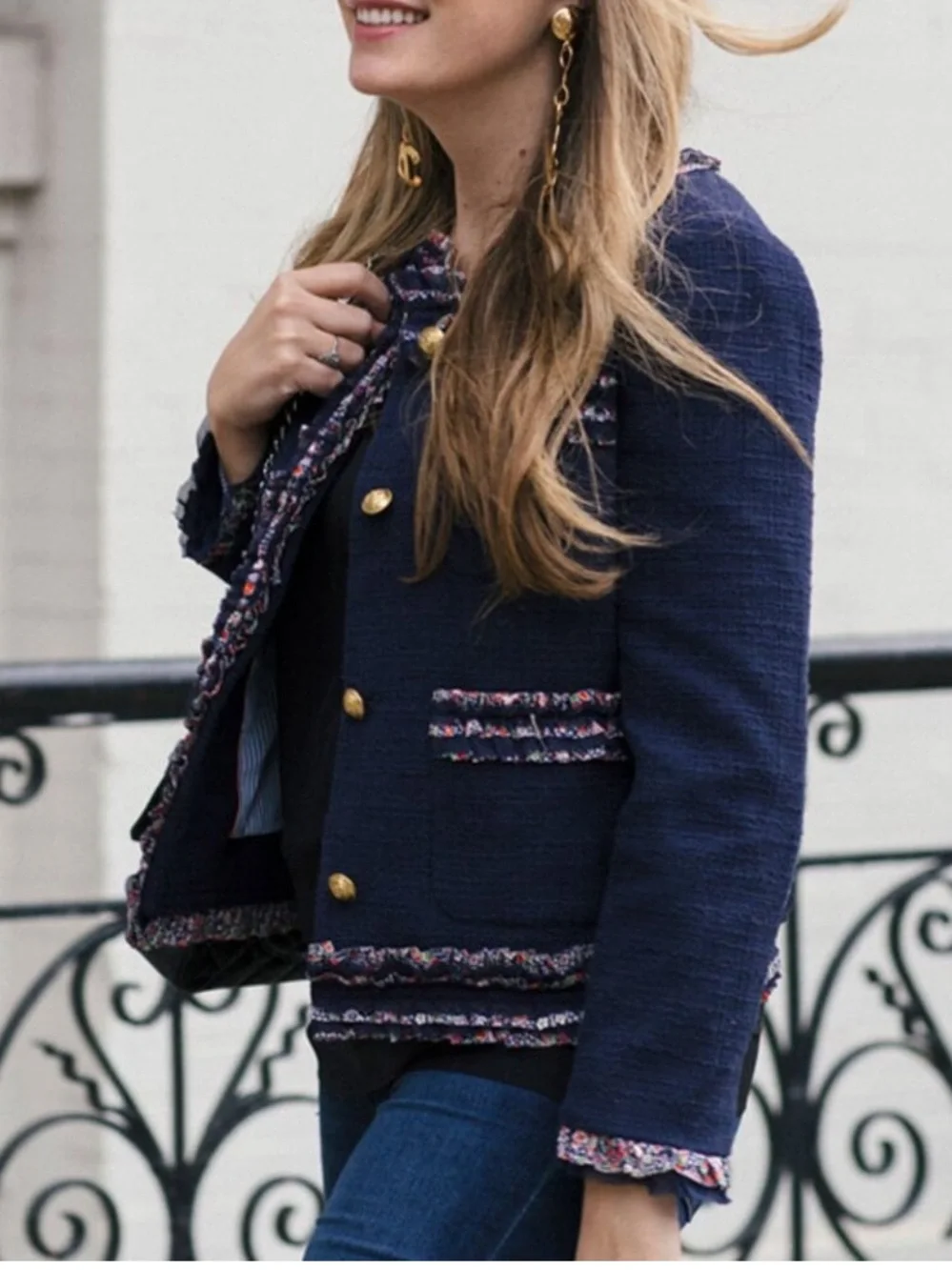 J. Crew Lady Jacket Tweed Blazer cotton silk Floral Trim Navy Blue size 8